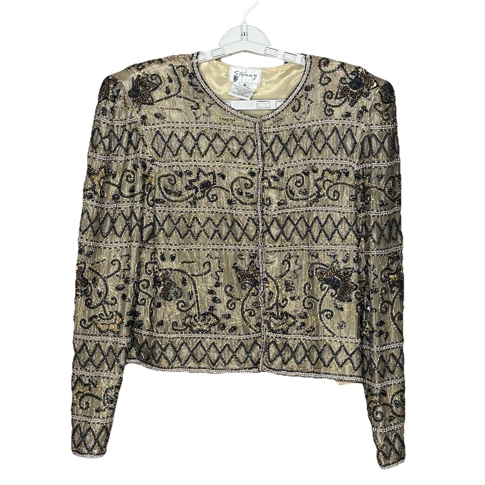 Vintage 90s Stenay Beaded Jacket Women's‎ M Silk Black Gold Sequin Evening Artsy